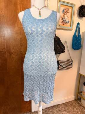 Y2K Fantasea Baby Blue Open Knit Sleeveless Midi Dress